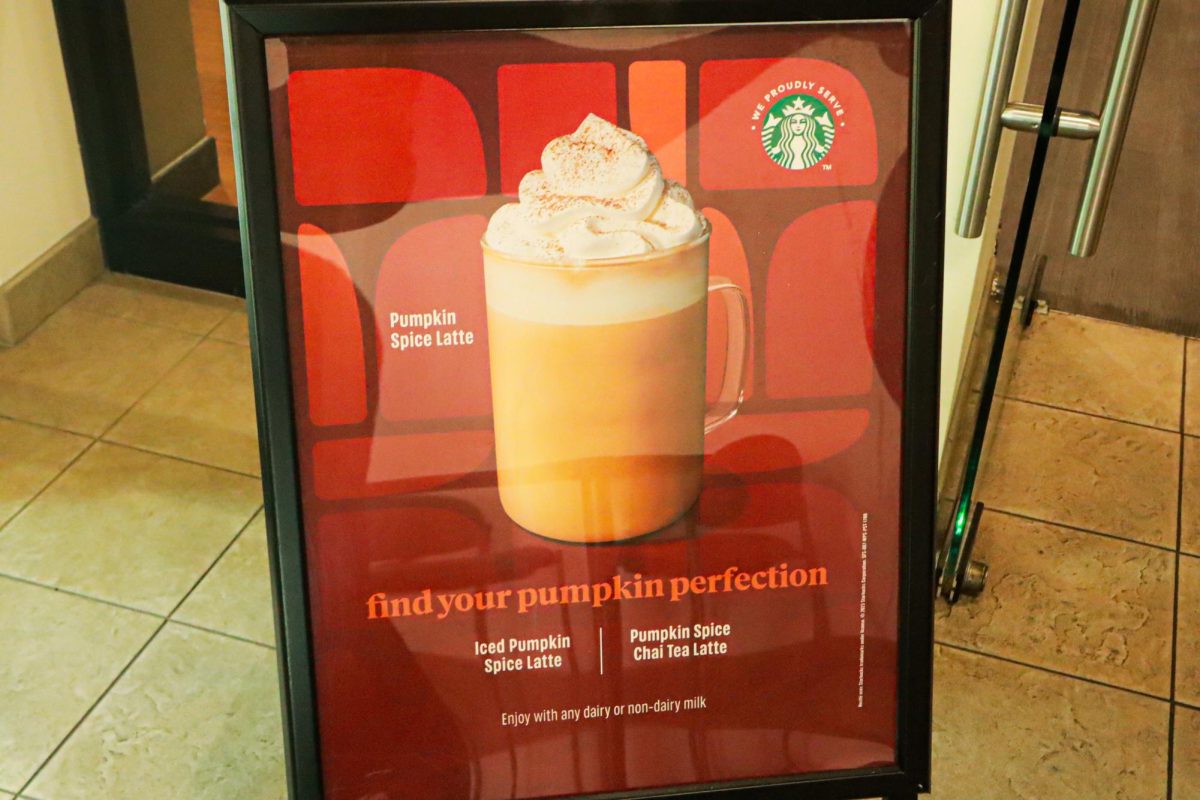 Pumpkin spice latte advertised at Starbucks.